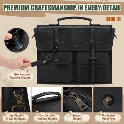 RAINSMORE Mens Messenger Bag 17 Inch Vintage Leather Laptop Briefcase Magnetic Closure Large Satchel Computer Shoulder Bag for Office Travel College, Black
