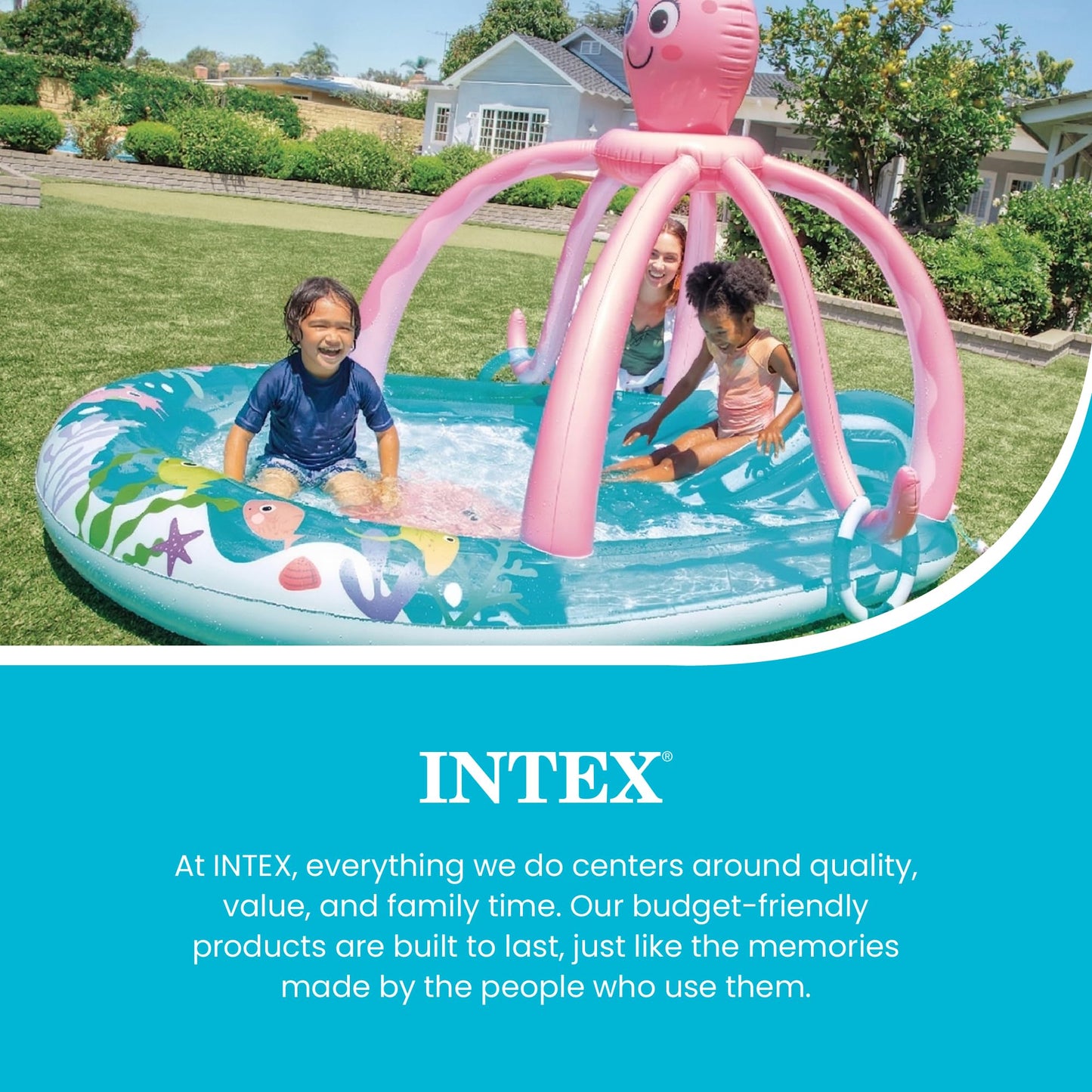 INTEX Friendly Octopus Inflatable Kiddie Pool: Inflatable Kids Pool with Water Sprayer and Slide – Splash Pad – 92" x 72" x 59" – Ages 3+