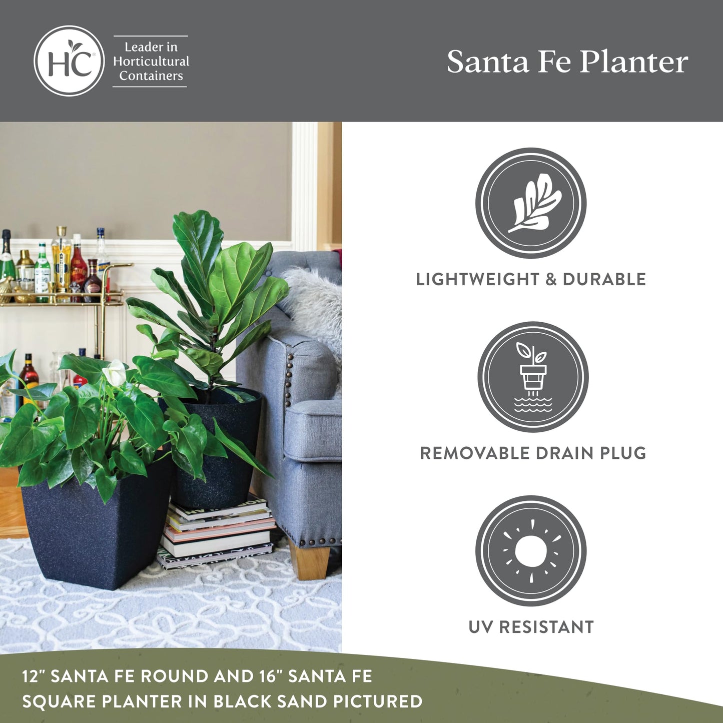 The HC Companies Santa Fe Round Self-Watering Pot - Lightweight Plastic Planter for Herbs & More - Durable Plant Pots for Indoor Plants & Outdoor Plants (12” Pebble Gray, Pack 2)