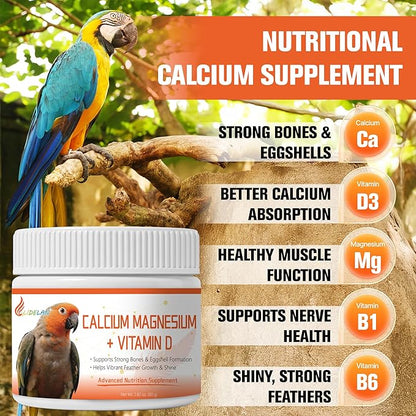 Calcium for Birds with Magnesium & Vitamins D3–Vet-Developed Formula for Parrots, Supports Strong Bones, Eggshell Health,Feather Growth,Muscle & Nerve Function,Dissolves Tasteless in Water,80 Servings