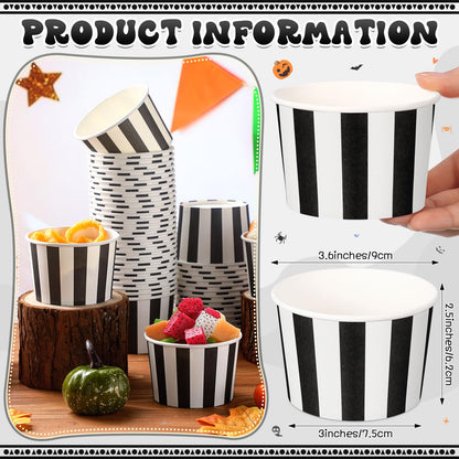 Potchen 50 Pack 9 oz Disposable Paper Bowls Fiesta Paper Soup Bowls Snack Cups Plates Wedding Birthday Party Supplies for Summer Ice Cream Taco Dessert Hot or Cold Food Holiday(Black and White Stripe)