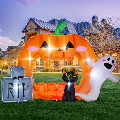 VENLOIS 7FT Halloween Inflatable Pumpkin Photo Frame with Tombstone Black Cat White Ghost,Built-in LEDs for Halloween Blow Up Indoor Decor, Cute Fun Holiday/Party/Yard/Garden Fantasy Party Display