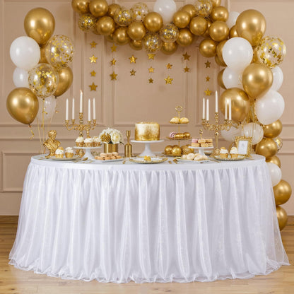 Besutolife 6FT Tulle Table Skirt for Rectangle Tables White 3-Layer Tutu Desk Skirts Ruffled Shimmer Table Skirting for Birthday Wedding Parties Gender Reveal Baby Shower Cake Dessert Table Decor