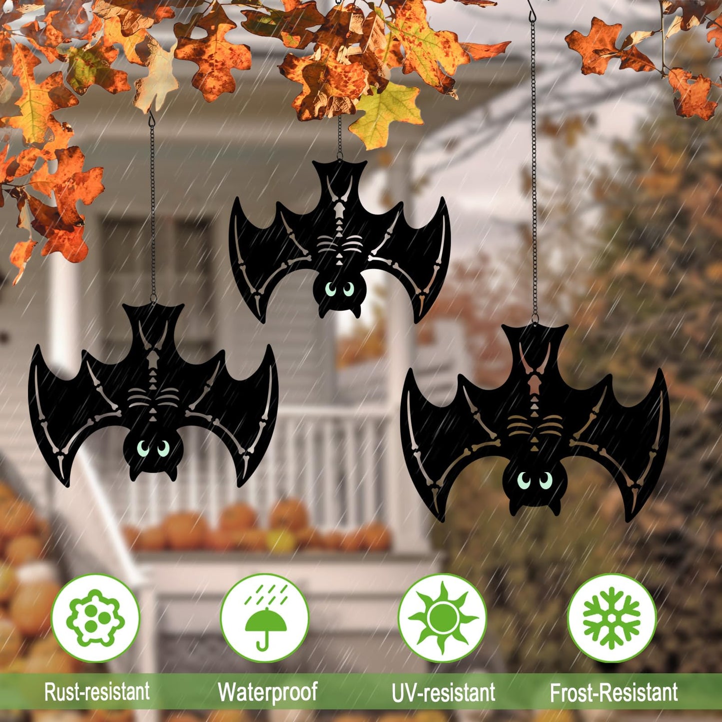 3pcs Metal Hanging Bats Outdoor Halloween Decorations,Black Bat with Glow in The Dark Eyes for Indoor/Outdoor,Halloween Decor