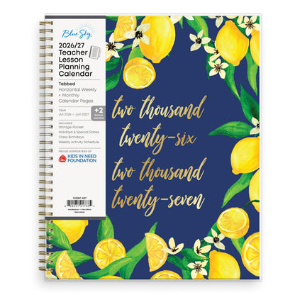 Blue Sky 2026-2027 Weekly and Monthly Academic Year Teacher Lesson Planner Calendar, July 2026 - June 2027, 8.5" x 11", Flexible Cover, Wirebound, Laminated Tabs, Storage Pocket, Fresh Lemons