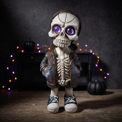 Brizoria Skeleton Decorations Skull Figurine in Hoodie with Purple Eyes Resin Gothic Tabletop Decor Small Skeleton Figure for Halloween Shelf Desk Skull Home Decor Display