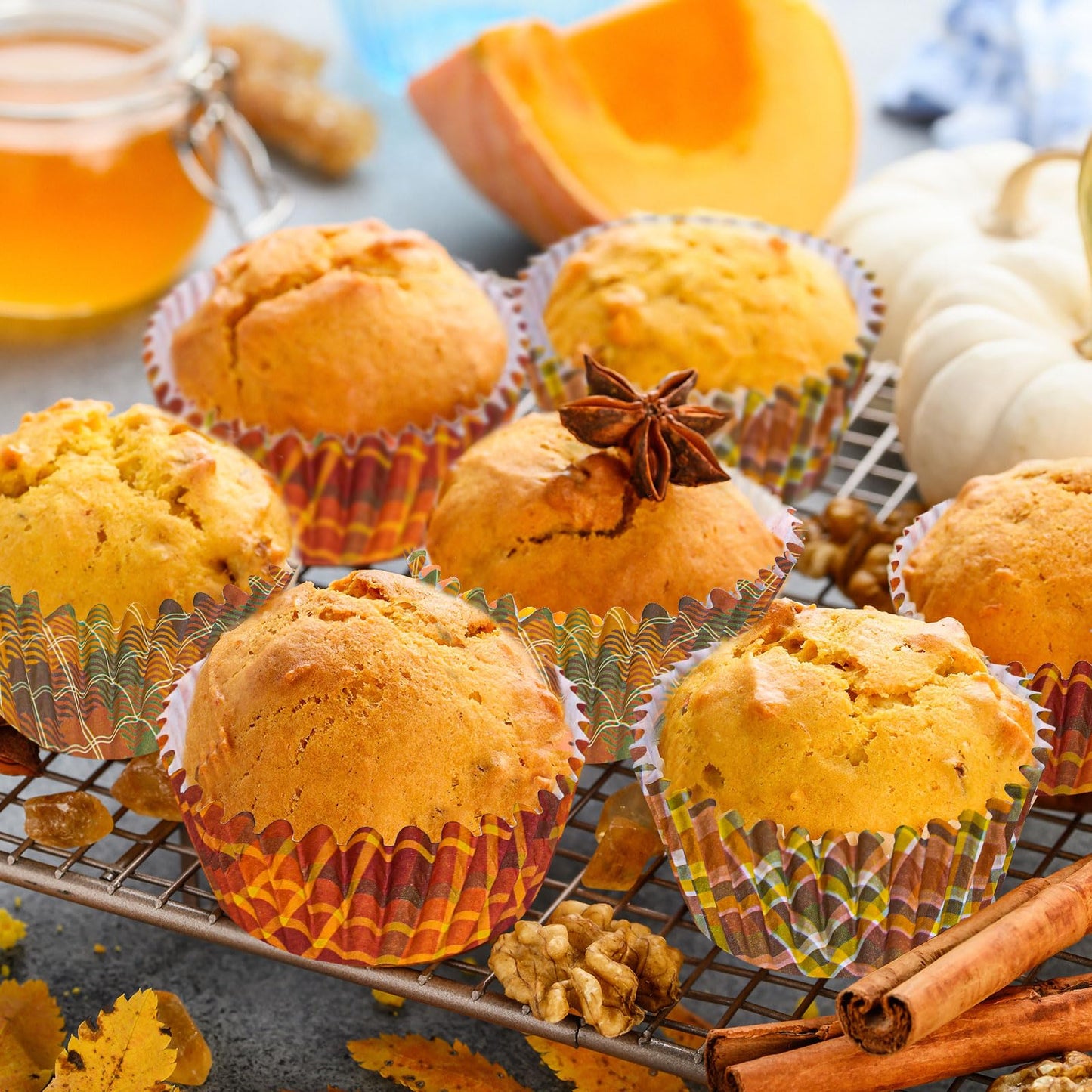 Whaline 600Pcs Fall Thanksgiving Cupcake Liners Plaid Baking Cups Autumn Muffin Cupcake Wrappers for Birthday Party Decor Supplies