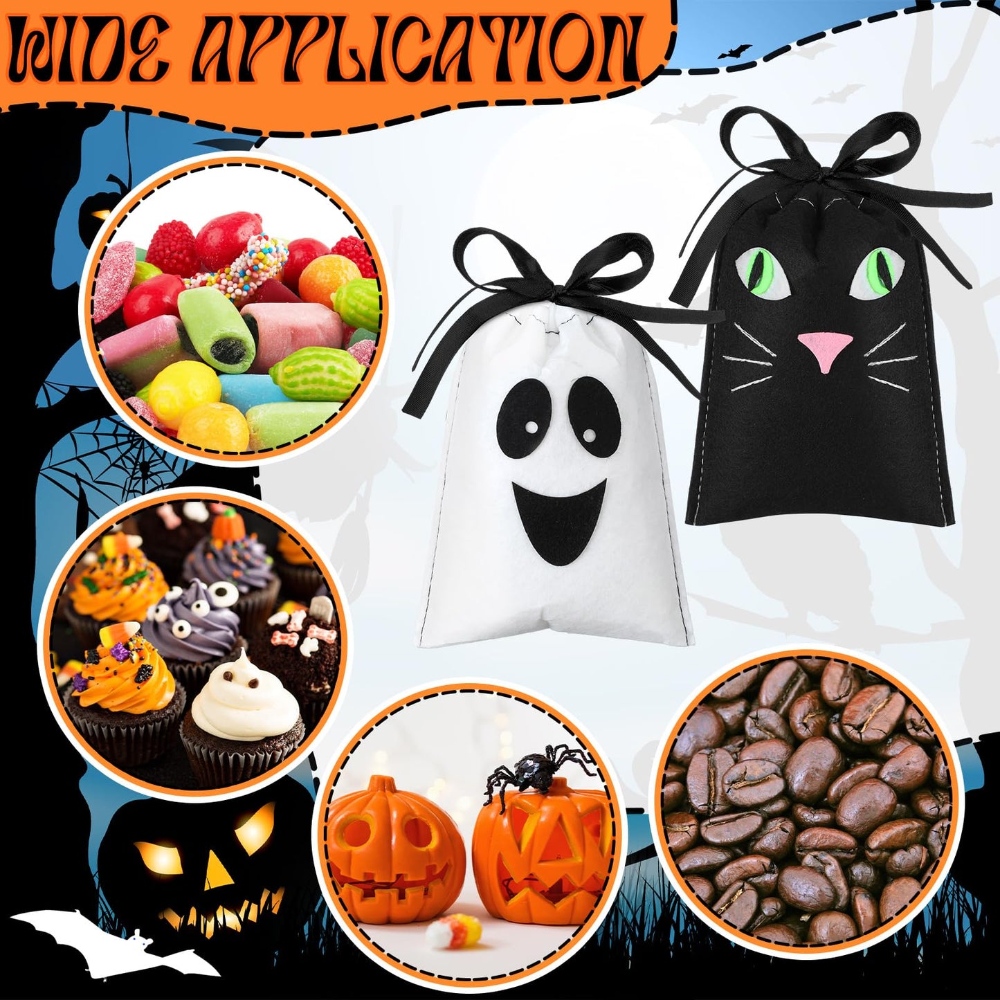Sweetude 24 Pcs Halloween Felt Treat Bags 5 x 7'' Handmade Pumpkin Ghost Cat Monster Candy Goodie Gift Bags with Drawstrings Trick or Treat Halloween Party Favors Supplies