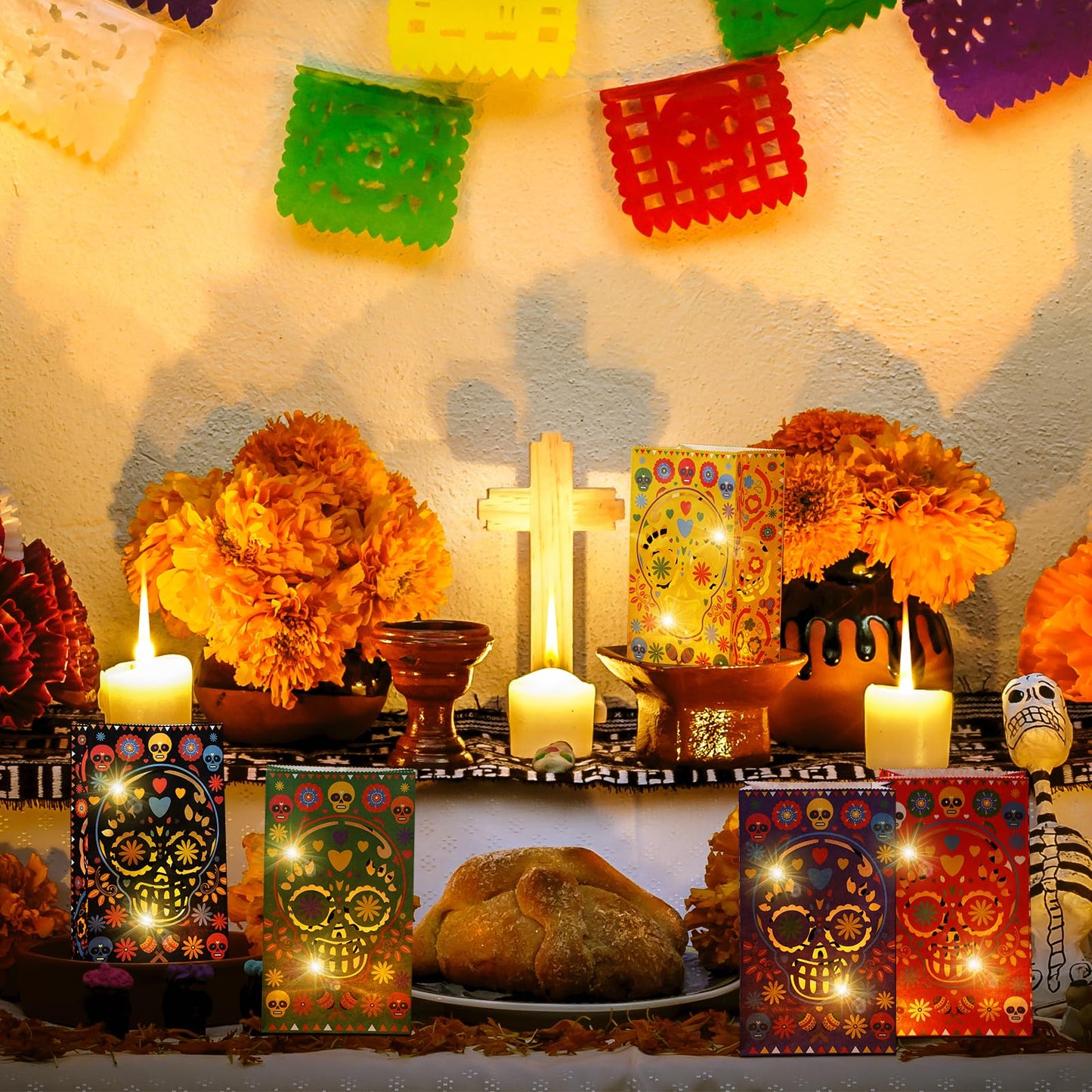 Ireer 30 Pieces Halloween Day of The Dead Luminary Bags - Dia De Los Muertos Candy Bag - Flame Resistant Candle Bag - Sugar Skull Gift Goodie for Mexican Fiesta Halloween Party Favors Supplies