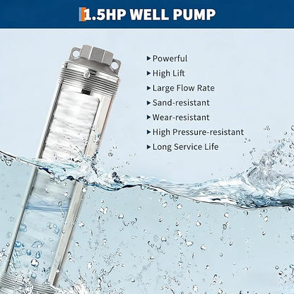 Deep Well Submersible Pump, 1.5HP 230V/60Hz, 27GPM Flow 259ft Head, with 33ft Electric Cord & Check Valve, 4" Stainless Steel Water Well Pump for Industrial,Irrigation,Home Use, IP68 Waterproof Grade