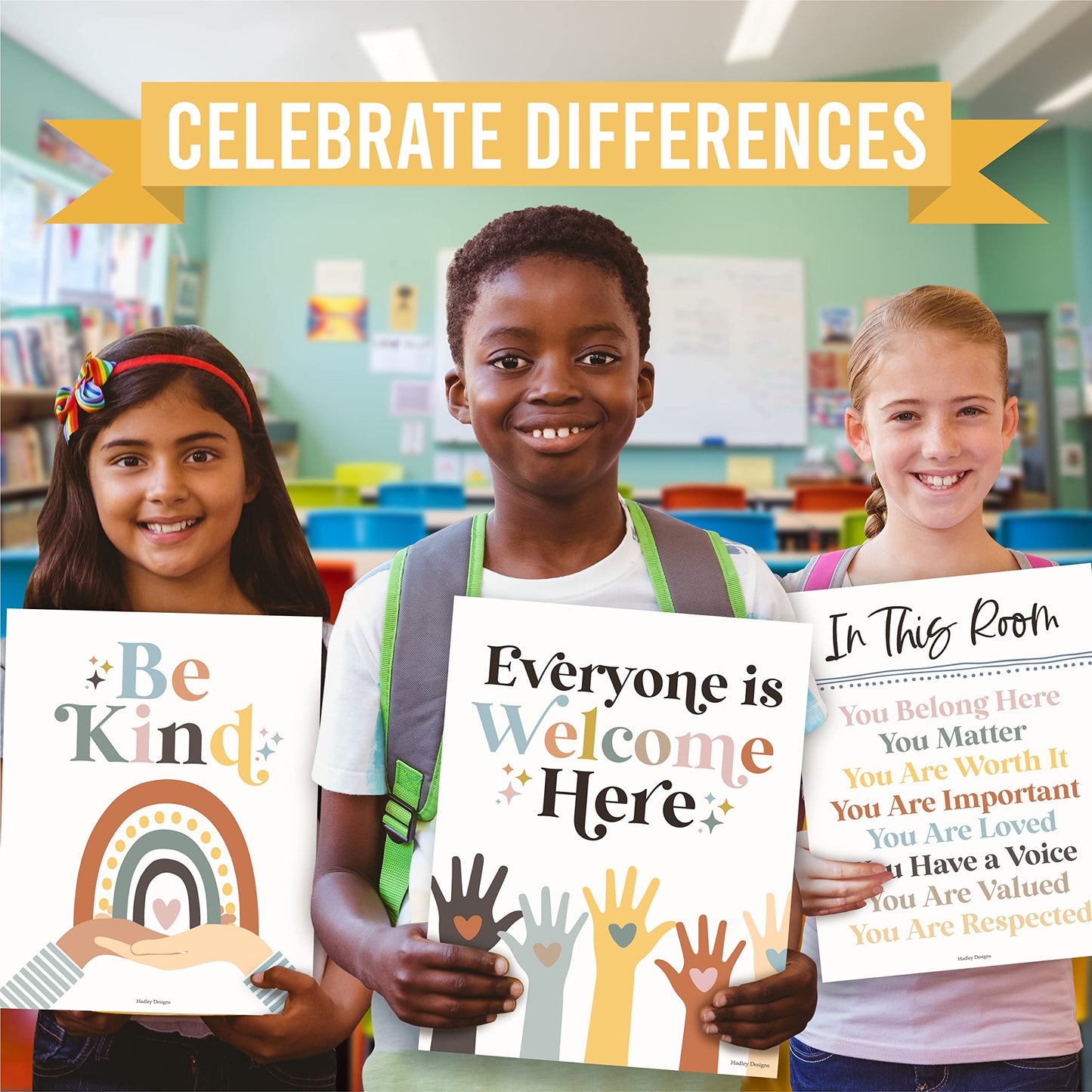 Hadley Designs Diversity Posters For Classroom Elementary –6 Inclusive Everyone Is Welcome Classroom Decor, Safe Space Sign Preschool Kindness Posters For Classrooms, Boho Multicultural Poster