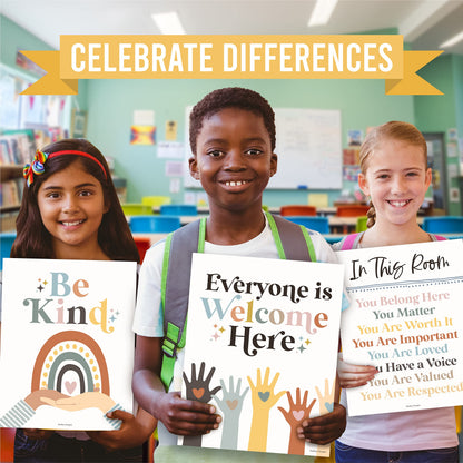 Hadley Designs Diversity Posters For Classroom Elementary –6 Inclusive Everyone Is Welcome Classroom Decor, Safe Space Sign Preschool Kindness Posters For Classrooms, Boho Multicultural Poster