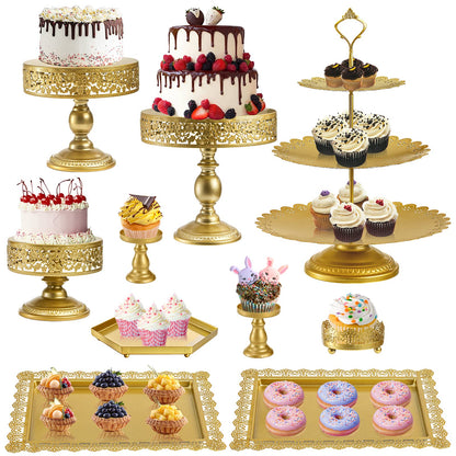 Jucoan 10 Pieces Gold Metal Cake Stand Set, Cupcake Holder Pastry Candy Fruits Serving Plate, Gold Dessert Table Stands and Trays Set for Wedding Birthday Baby Shower Bridal Shower Tea Party
