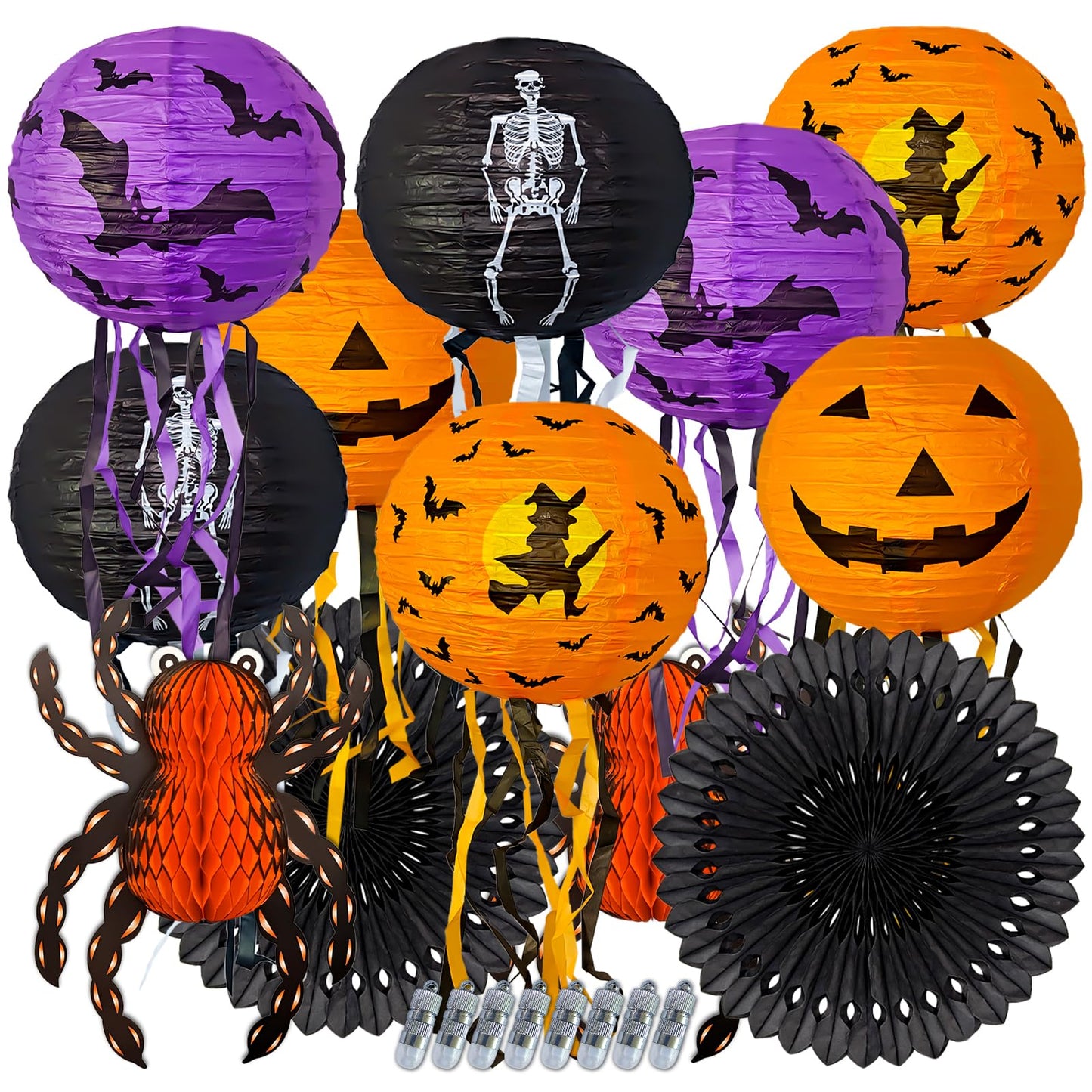 12Pcs Halloween Decorations Paper Lanterns with Led Lights, Hanging Pumpkin Bat Skeleton Lanterns Spider for Indoor & Outdoor Spooky Home Decor Halloween Party Supplies Props 10" 12"