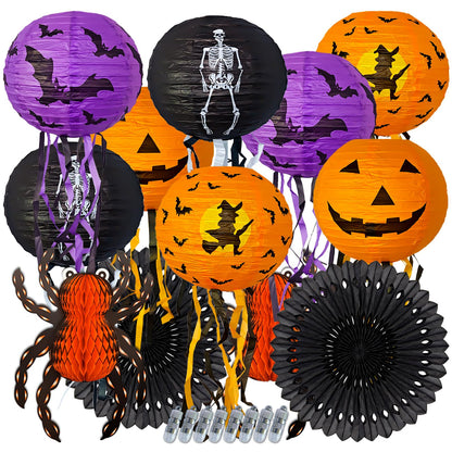 12Pcs Halloween Decorations Paper Lanterns with Led Lights, Hanging Pumpkin Bat Skeleton Lanterns Spider for Indoor & Outdoor Spooky Home Decor Halloween Party Supplies Props 10" 12"