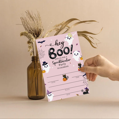 SIXEIGHT Pink Hey Boo Halloween Party Invitations, Cute Ghost Cat Halloween Invitations for Boys Girls, 25 Pack Pink Invite Cards with Envelopes, Wedding Birthday Baby Shower Party Decorations-E05