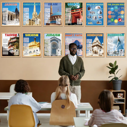 12Pcs World Religious Posters Educational Social Studies Classroom Decoration The Golden Rule Posters Cultural Diversity Wall Art Prints for Students Teacher Middle High School Library Homeschool