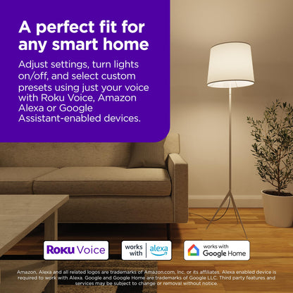 Roku Smart Light Bulbs (White, 4-Pack) - Dimmable A19 Lightbulbs with Adjustable Brightness & Temperature - WiFi Smart Bulbs Works Voice, Alexa & Google Assistant, No Hub Required