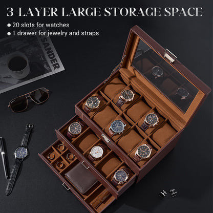 ProCase 20 Slot Watch Box for Men, 3-Layer Watch Display Case with Glass Lid, Watch Holder with Drawer, Jewelry Storage Organizer for Watches Straps Rings, Fathers Day Gift -Brown