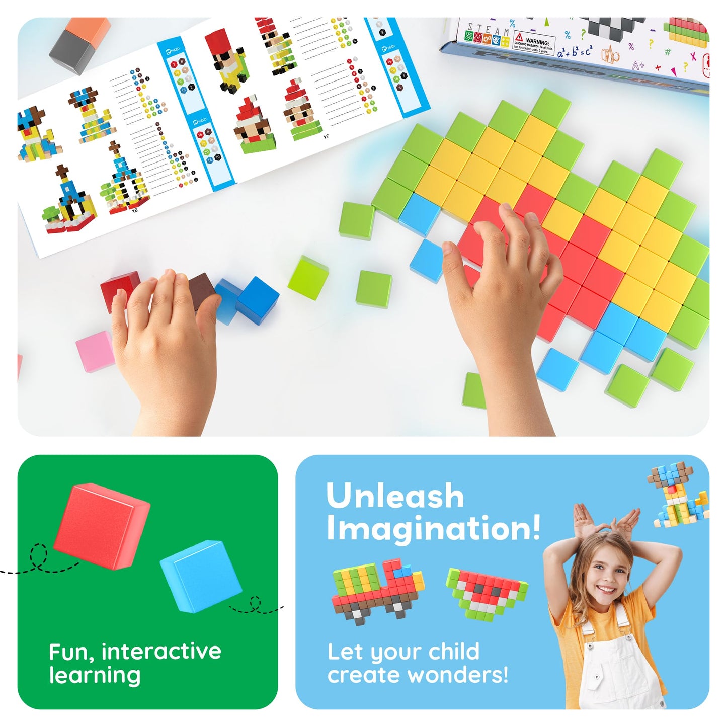 PicassoTiles 108pcs 1” Magnetic Puzzle Cubes Magnet Toys Preschool Construction Building Block Set Sensory Toy Early Education STEM Learning Come with Ideabook for Children Age 3+ Boy Girl PMC108