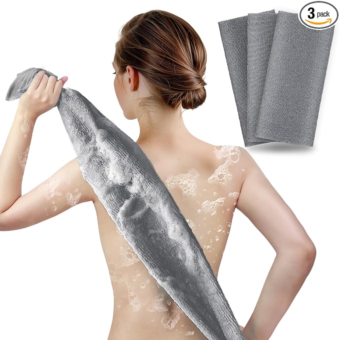 ARCH&M Exfoliating Shower Towel Japanese & Korean-Style, 35-Inch, 3 Pack | Textured Nylon, Back Scrubber for Shower, Smoother Skin, For Rough, Bumpy & Ingrown Hair Prone Skin, Daily Use, Quick-Dry