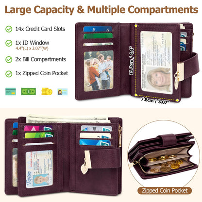 HUANLANG Small Wallets for Women Rfid Blocking Leather Bifold Credit Card Holder Ladies Wallet Zipper Pocket with ID Window