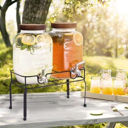 mustry Glass Drink Dispenser for Parties, 1 Gallon Beverage Dispenser with Stand and Spigot Solid Stainless Steel, Used as Lemonade Dispenser Sun Tea Jar Kombucha Jar, Set of 2