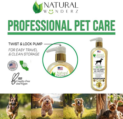 Pet Shampoo & Conditioner, Shed Free 2-in-1, Oatmeal and Honey, Organic, Hypoallergenic, Vegan, Natural Extract, for Healthy Skin & Coat, 32 Fl Oz, for Dry Itchy Skin, All Breeds, by Natural Wunderz