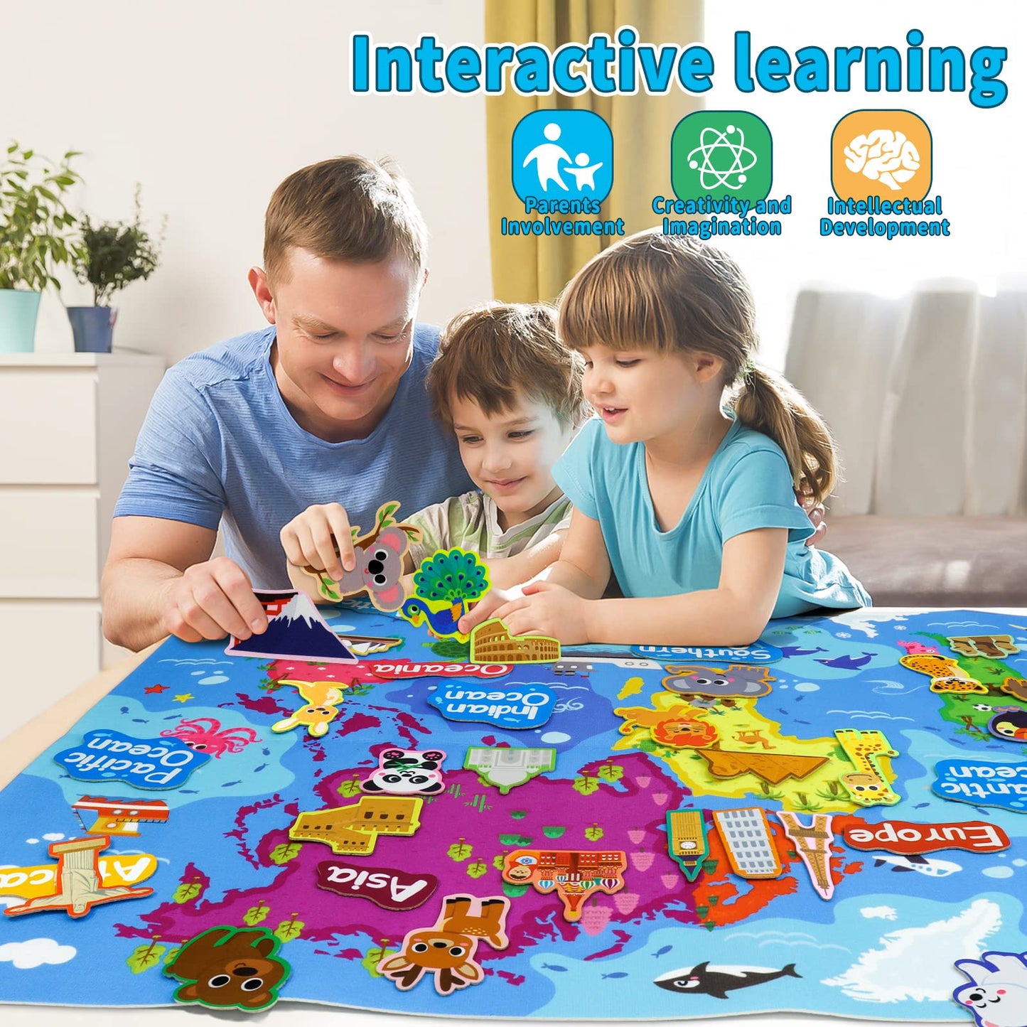 Taika World Felt Set, Felt World Map with World Famous Sights, Educational Play Mat Flannel Board Set, 43x28 inch Preschool Learning Flannel Board for 4+