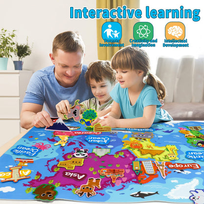 Taika World Felt Set, Felt World Map with World Famous Sights, Educational Play Mat Flannel Board Set, 43x28 inch Preschool Learning Flannel Board for 4+