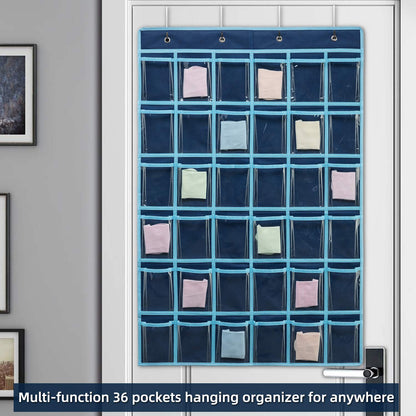 SAVERHO 36 Clear Pockets Classroom Pocket Chart for Cell Phone and Calculator Holder, Door Hanging Pocket Chart for Classroom Phone Holder with Number Sticker and Hooks (Blue)