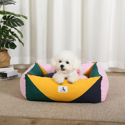 Cotton Canvas Dog Bed, Pink Dog Beds for Small Dogs, Puppy Bed with Washable Removable Cover, Durable 290 GSM Cotton Anti-Chewing Pet Bed with Anti-Slip Bottom (24"x20"x8", Pink&Yellow&Green)