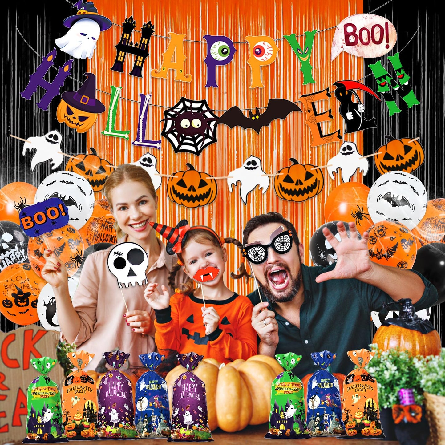 110Pcs Halloween Party Decorations, Horror Halloween Party Supplies Include Banner, Boo Balloons Hanging Swirls Photo Props Spider Wed Candy Gift Bags for Scary ScreamDecorations Indoor