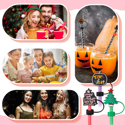 Ninehaoou 48 Pcs Holiday Straw Toppers Silicone Cute Straw Cover Cap Tumbler Reusable Drinking Cover Lid Topper Protector for Christmas Halloween Easter Independence Day St Patrick's Day