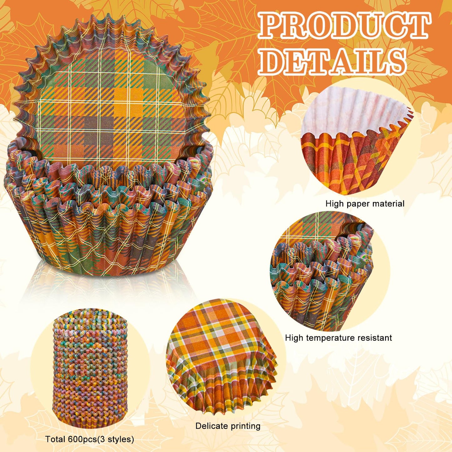 Whaline 600Pcs Fall Thanksgiving Cupcake Liners Plaid Baking Cups Autumn Muffin Cupcake Wrappers for Birthday Party Decor Supplies
