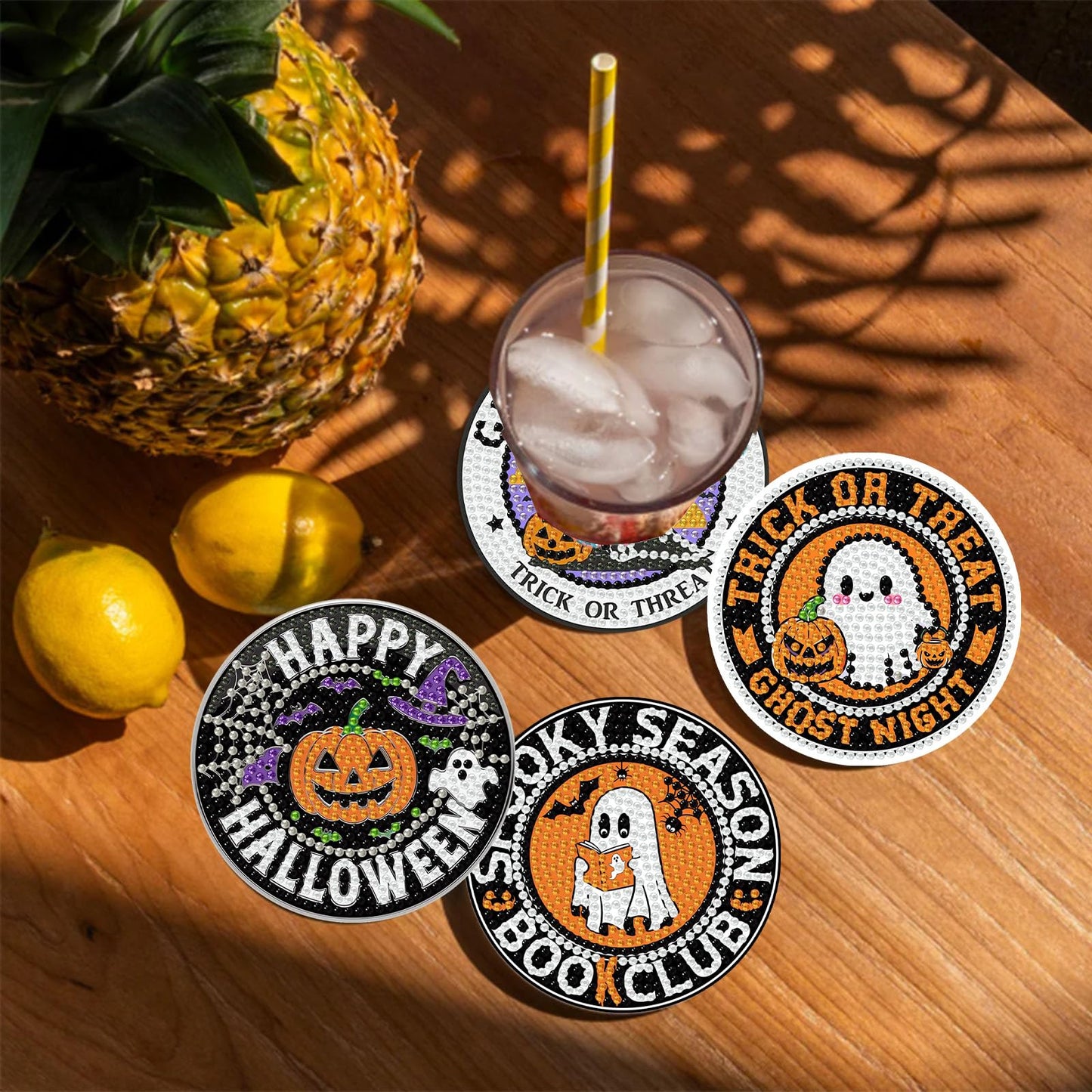 Gemozaic 8PCS Halloween Diamond Art Coasters Kit for Adult, Spooky Diamond Painting Coasters with Holer, Non-Slip, Easy DIY Pumpkin Gem Arts and Crafts Kits for Gift, Coffee, Cocktail, Drink