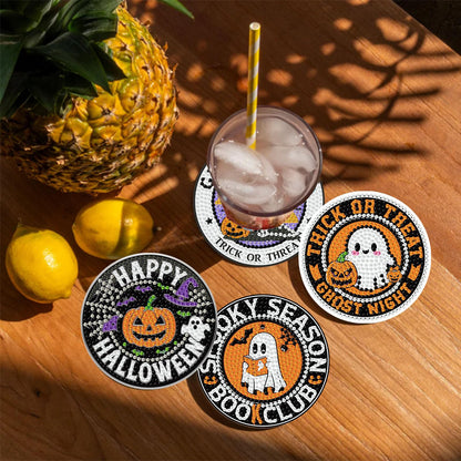 Gemozaic 8PCS Halloween Diamond Art Coasters Kit for Adult, Spooky Diamond Painting Coasters with Holer, Non-Slip, Easy DIY Pumpkin Gem Arts and Crafts Kits for Gift, Coffee, Cocktail, Drink