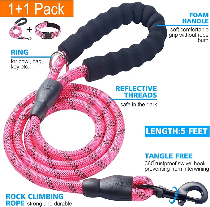 Ladoogo Reflective Dog Collar Padded with Soft Neoprene Breathable Adjustable Nylon Dog Collars for Small Medium Large Dogs (X-Small (Pack of 1), Pink Plaid Collar+Leash)