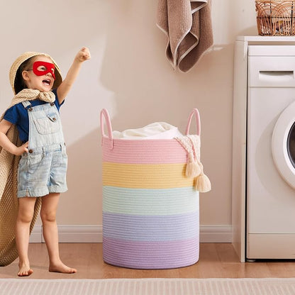 60L Laundry Hamper Basket for Baby Girls and Kids, Pastel Rainbow Unicorn Design, Woven Rope Nursery Basket for Blankets Toys in Playroom, 15Dx20H Inches Large Bedroom Hamper for Clothes