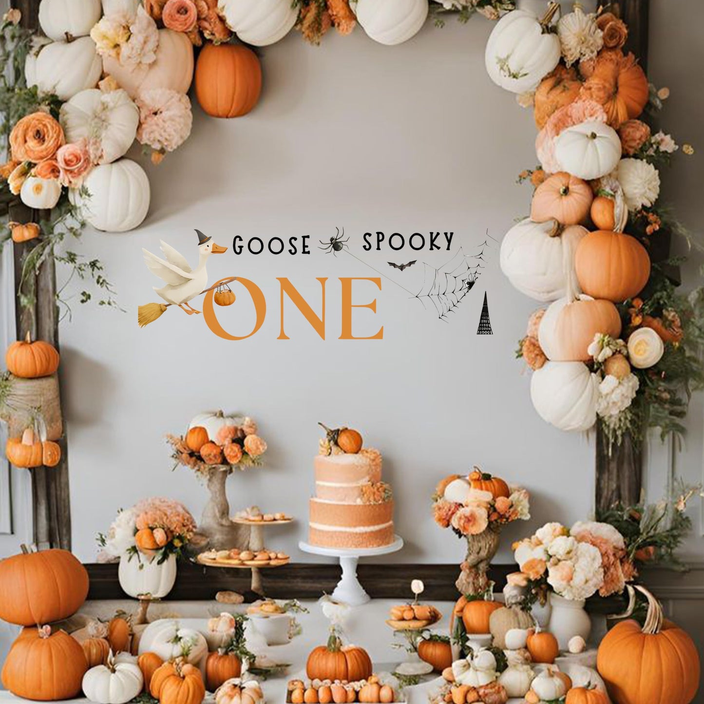 Capiont One Spooky Goose Decal - Halloween One Silly Goose Decor Sticker,Spooky Theme First Birthday Party Supplies,Spider Magic Goose Sign Balloon Arch Background Decorative Wall Decal (Goose Decal)