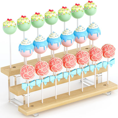 DEMEGA Cake Pop Stand Display Riser - 3 Tier Wood Lollipop Holder, 20 Holes Acrylic Pine Wood Candy Pop Holder Display for Dessert Table Weddings Birthday Parties Halloween Candy Decorative