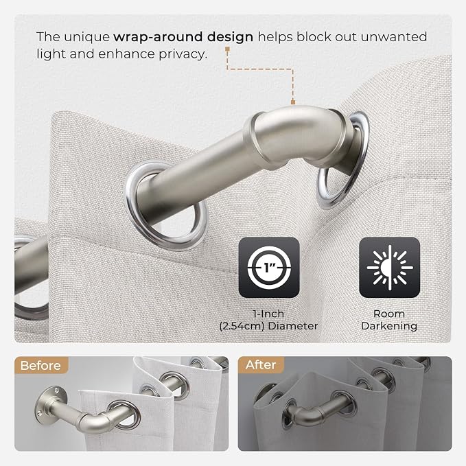 Zeerobee Curtain Rods for Windows 120 to 240, 1 Inch Industrial Wrap Around Brushed Nickel Curtain Rod, Indoor/Outdoor Room Divider Adjustable Drapery Pole, 120"-240"