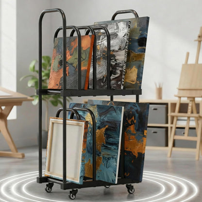 BERPET Art Storage Rack with Wheels, Double-Tier Adjustable Metal Drying & Display Stand for Canvas, Boards, Prints, and Artwork – Heavy-Duty Mobile Organizer for Studio, Classroom