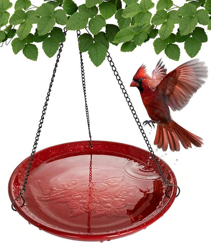 Red Ceramic Bird Bath Bowl - Hanging Bird Baths for Outdoors - 12-Inch Glazed Ceramic Bowl with Embossed Cardinal & Dogwood Design - Metal Chain & Hook