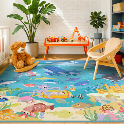 Ocean Themed Rug for Kids Room – 6x9 Blue Rug for Kids Room, Sea Creatures & Mermaid, Fish, Washable Non Slip Soft Carpet for Classroom, Bedroom or Playroom