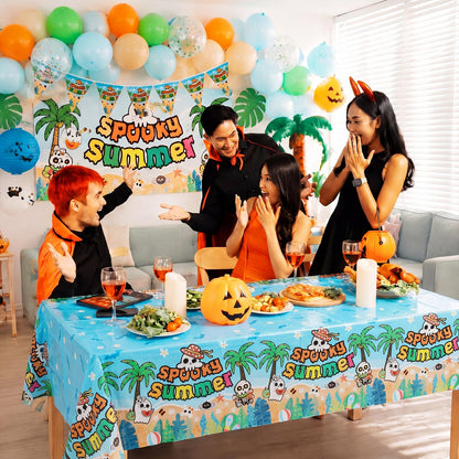 Hahafelt 3 Pack Summer Halloween Decorations Plastic Tablecloth Tropical Gothic Halloween in Summer Spooky Ghost Skull Pumpkin Table Cover for Beach Party Home Kitchen Decor 54 x 108 Inch(Beach)
