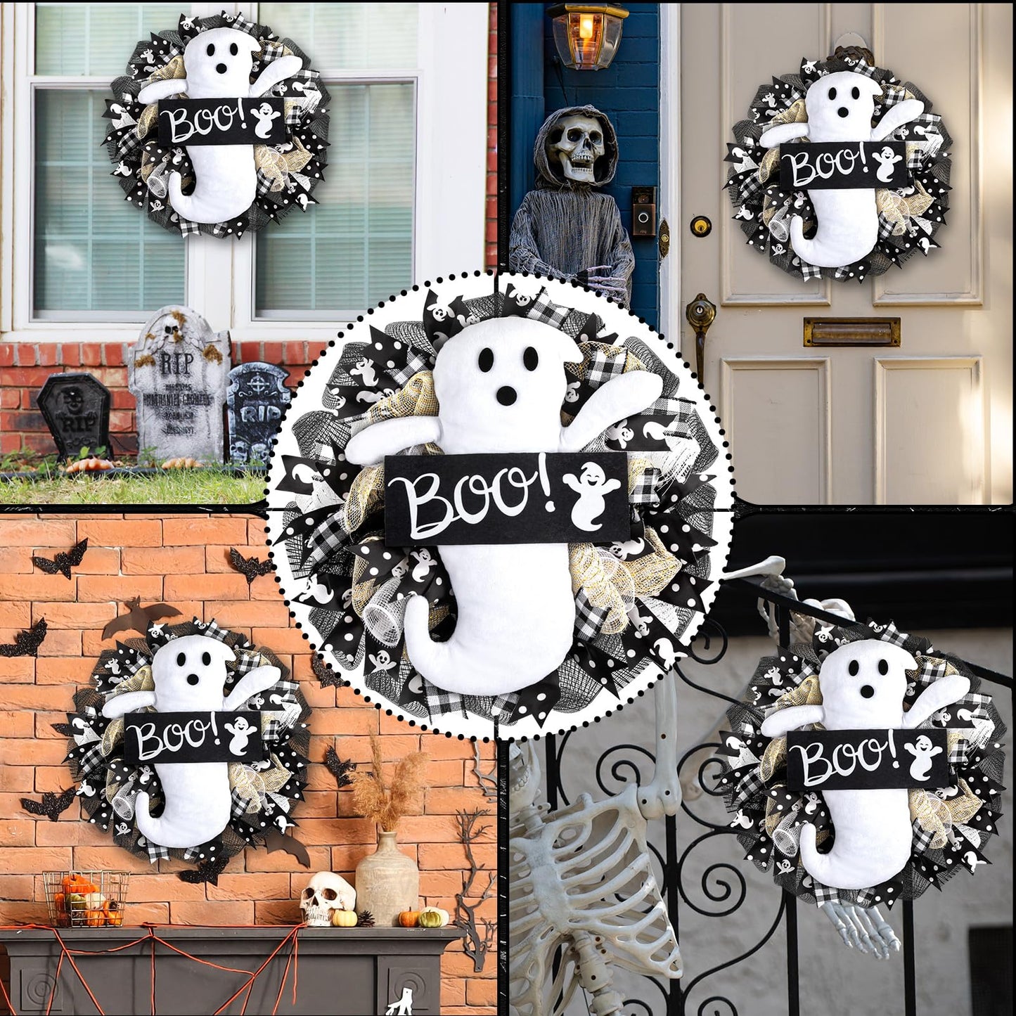 16 Inch Halloween Ghost Wreath Burlap Wreath with Ghost Doll Artificial Hanging Garland for Halloween Decorations Indoor Outdoor Party Supplies