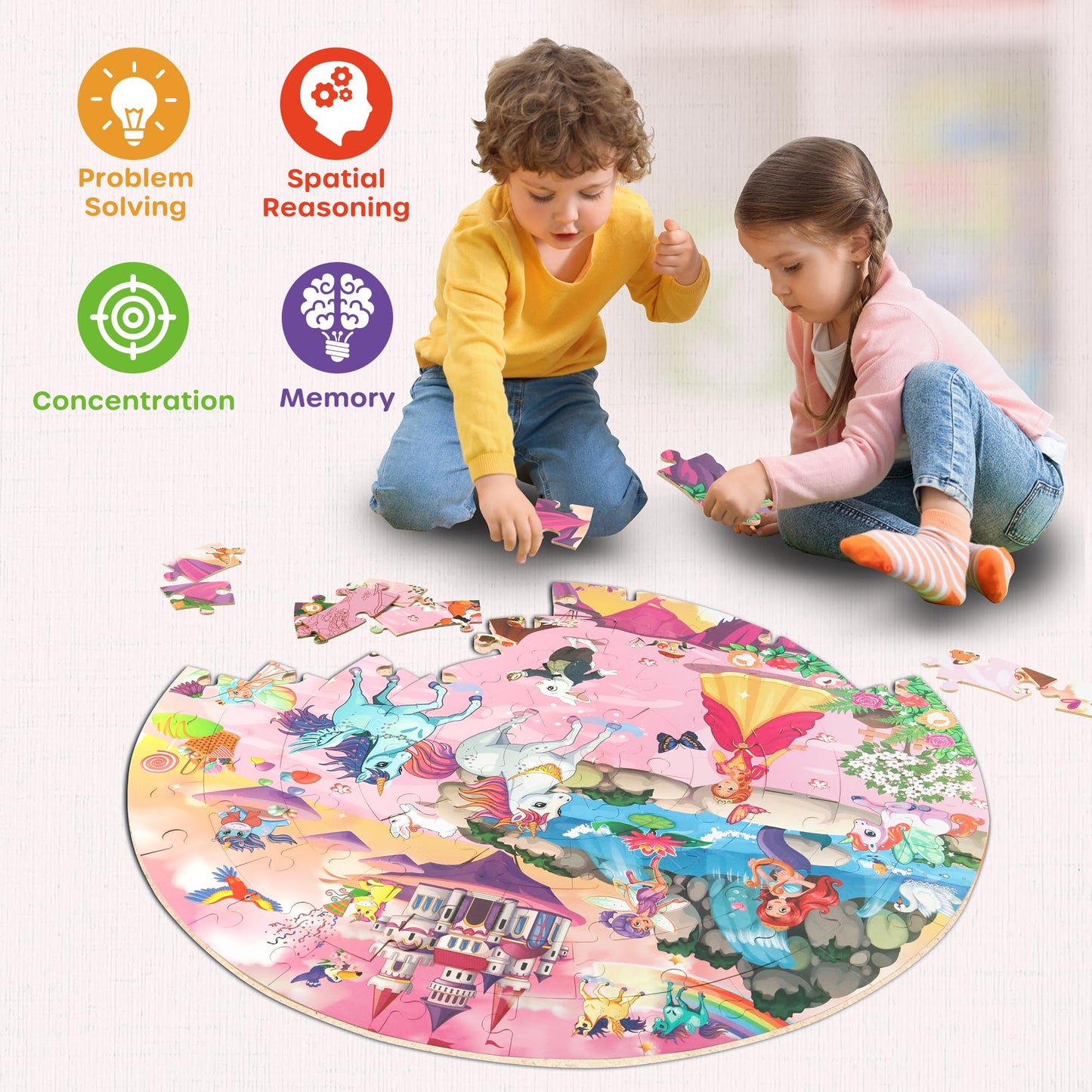 SYNARRY Unicorn Princess Mermaid Fairy Floor Puzzle for Kids Ages 3-5, Large 70 Piece Wooden Puzzle for Kids Ages 4-6, Preschool Toys Gifts for 3 4 5 6 7 8 Years Old Boys Girls Children