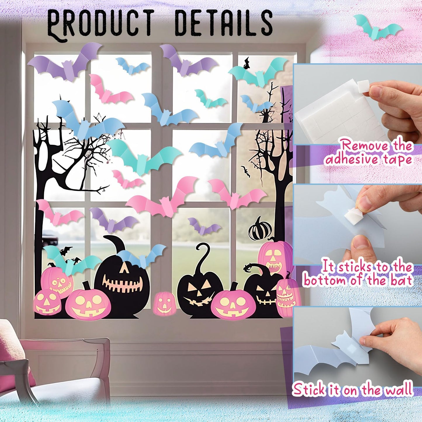 TaoBary 64 Pcs Pastel Halloween 3D Bats Wall Decor 4 Different Sizes Pastel Reusable PVC Scary Bat Stickers for Home Door Window Party Decorations