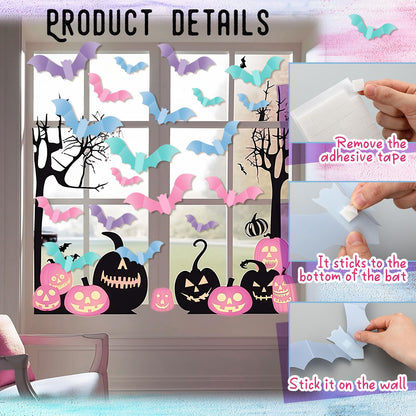 TaoBary 64 Pcs Pastel Halloween 3D Bats Wall Decor 4 Different Sizes Pastel Reusable PVC Scary Bat Stickers for Home Door Window Party Decorations